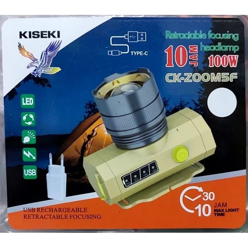 COD Senter Kepala Kiseki Ck-zoom5f Cahaya Putih Senter Laser Senter Kepala Zoom 100wat Sorotan 500m