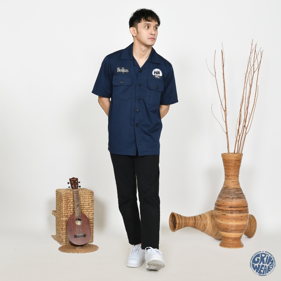 Workshirt Kemeja Pria Navy Patch The Beatles Bahan Drill Dingin