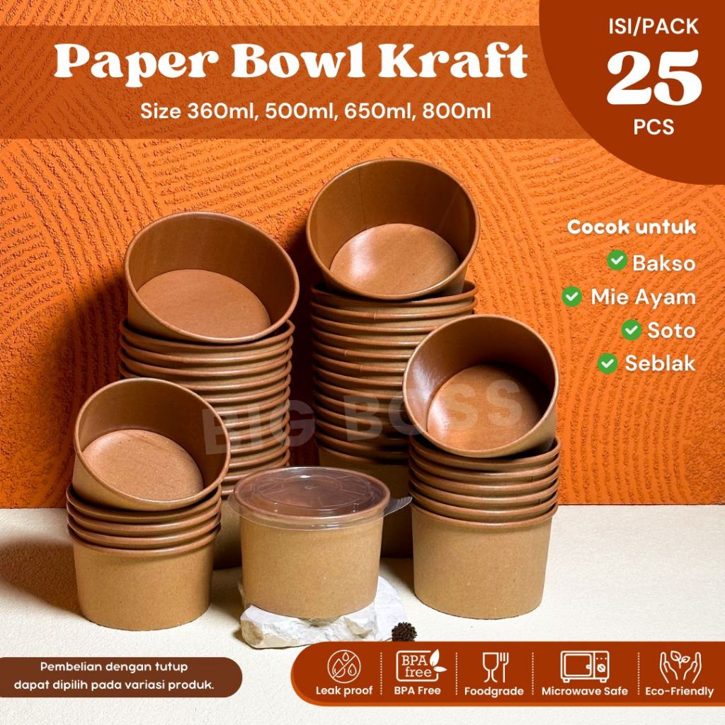 Paper Bowl Kraft Coklat 360ml 500ml 650ml 800ml Laminasi Food Grade / Mangkok Kertas Rice Bowl (d)