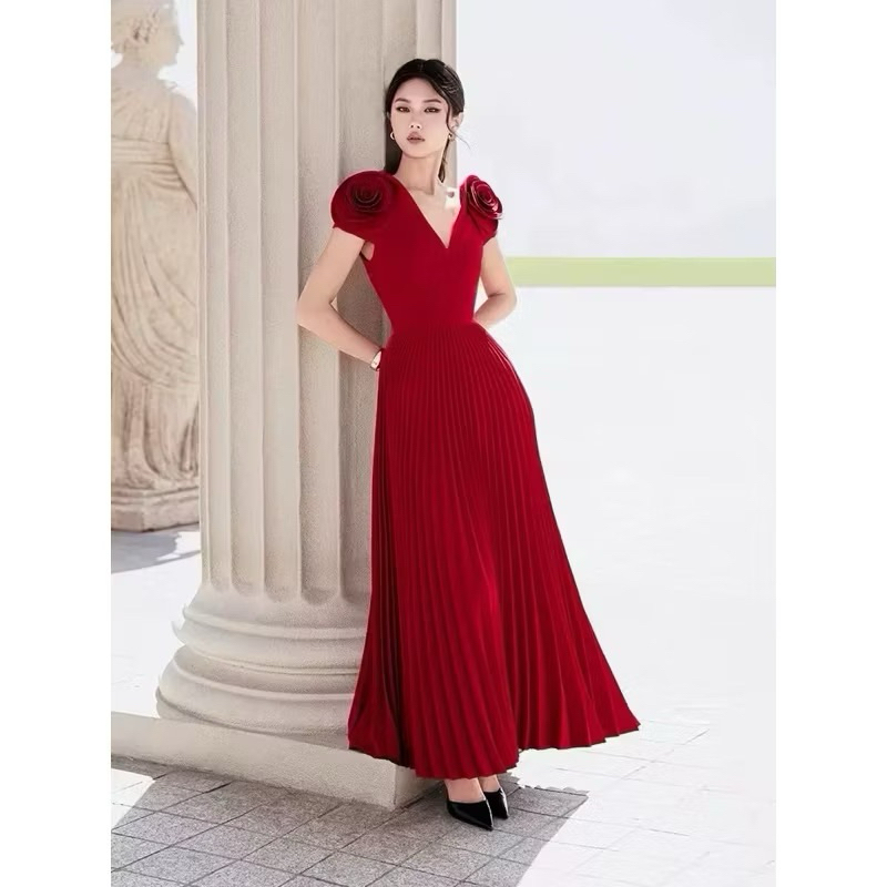 Flower long dress pesta cny dress imlek party formal dress merah red dress prom