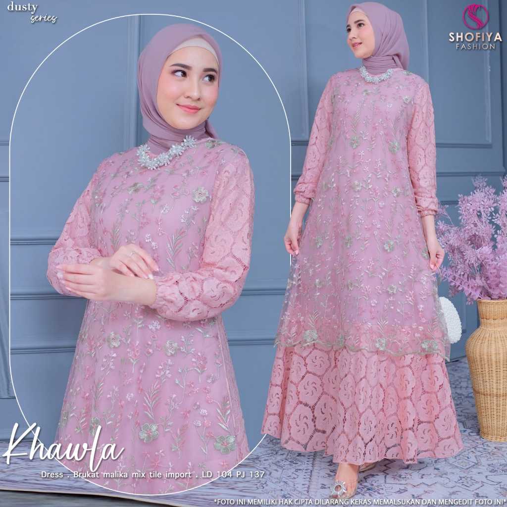New Khawla Gamis Pesta Brokat Mix Tille Model Terbaru Modern Dress Maxi Mewah Lebaran