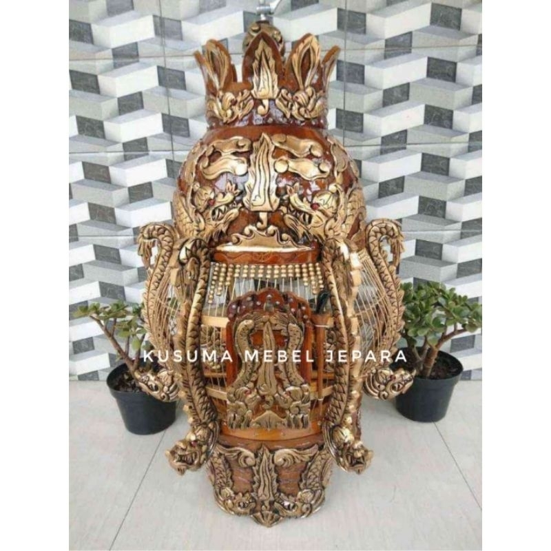 Sangkar Burung Perkutut Model Mahkota Ukir Relief Naga Sosro Kayu Jati Finishing Duco Emas (Free pac