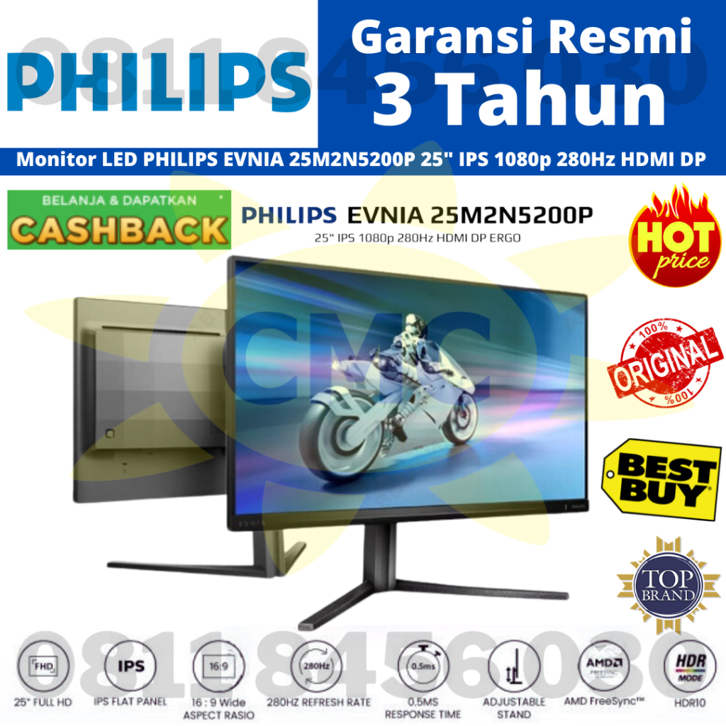 Monitor Led Gaming Philips EVNIA 25M2N5200P 25" FHD IPS 280Hz 1ms HDR10 Full Ergonomic Stand