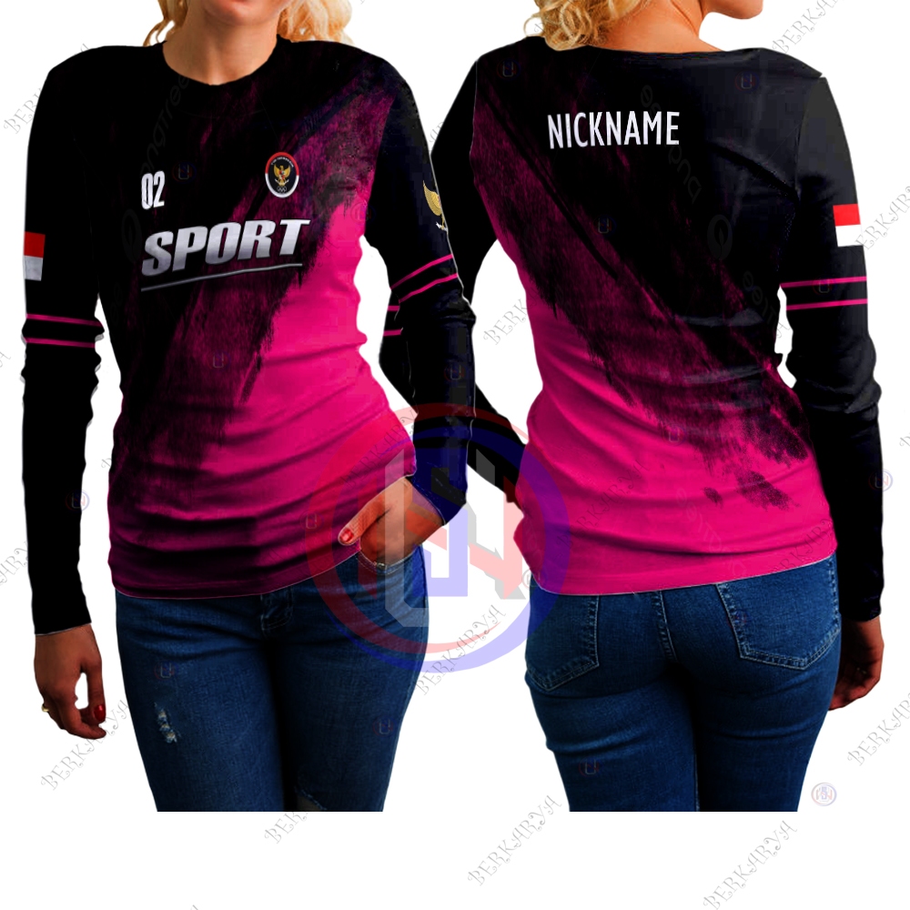 Jersey Running Wanita Kaos Olahraga Lari Wanita Lengan Panjang Full Printing