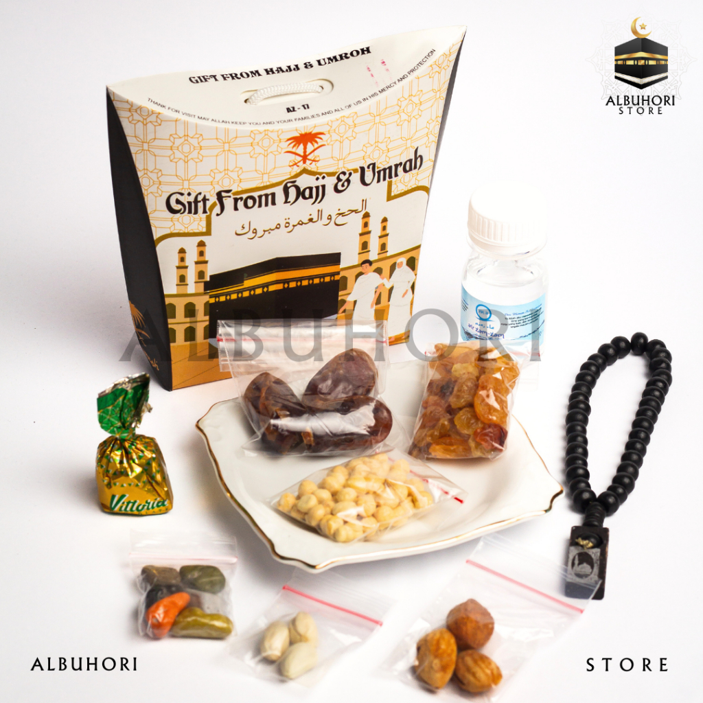 

Paket Oleh Oleh Haji dan Umroh Ekonomis Dus Tali teng-teng Air Zamzam Original Kurma Khalas Tasbih