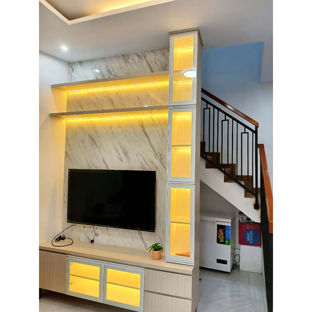 Backdrop Tv Minimalis Modern Bahan PVC HPL Playwood Custom Meja Tv Gantung Lampu LED Promo Termurah