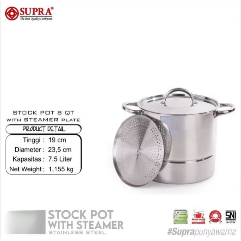 Panci Stock Pot Stainless Supra Steamer 8Qt, 12Qt, 16Qt, 20Qt (per satuan)