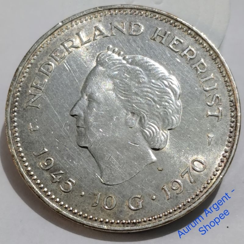 SSS.24S-- 1 PC KOIN PERAK KUNO ASLI 10 GULDEN JULIANA TH 1970. -- SILVER COIN --
