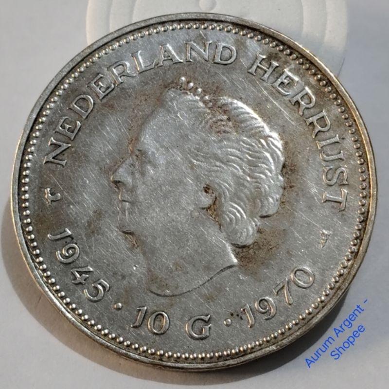 SSS.25S-- 1 PC KOIN PERAK KUNO ASLI 10 GULDEN JULIANA TH 1970. -- SILVER COIN --