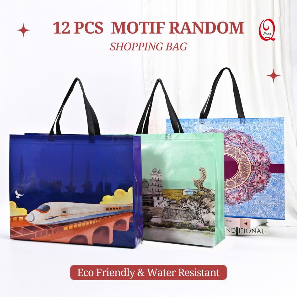 

[12pcs] Hang Q Tas Belanja / Tote Bag Spunbond Kain Goodie Bag Shopping Bag Motif Premium