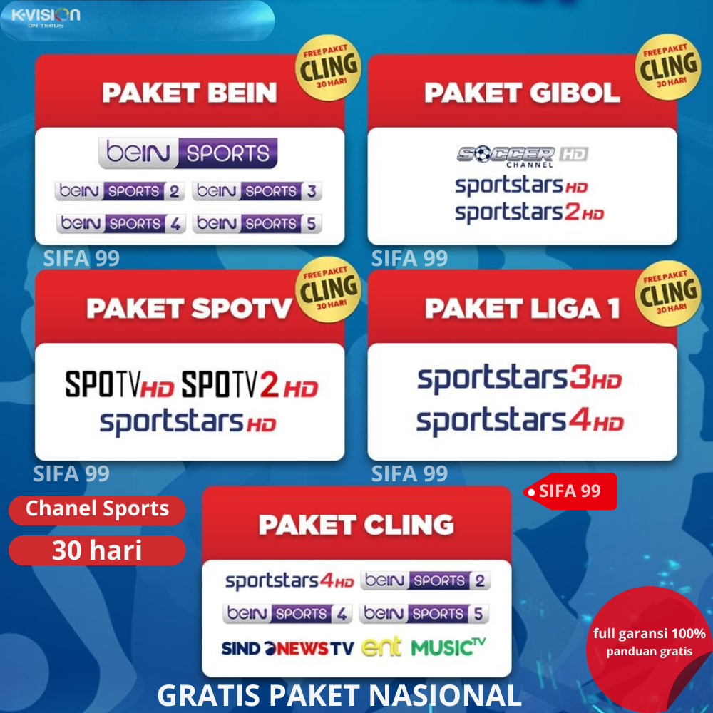 SIFA 99 PAKET K VISION SPORTS SPOTV GIBOL BEINSPOT OLAHRAGA LIGA 1 LENGKAP DENGAN NASIONAL PARABOLA