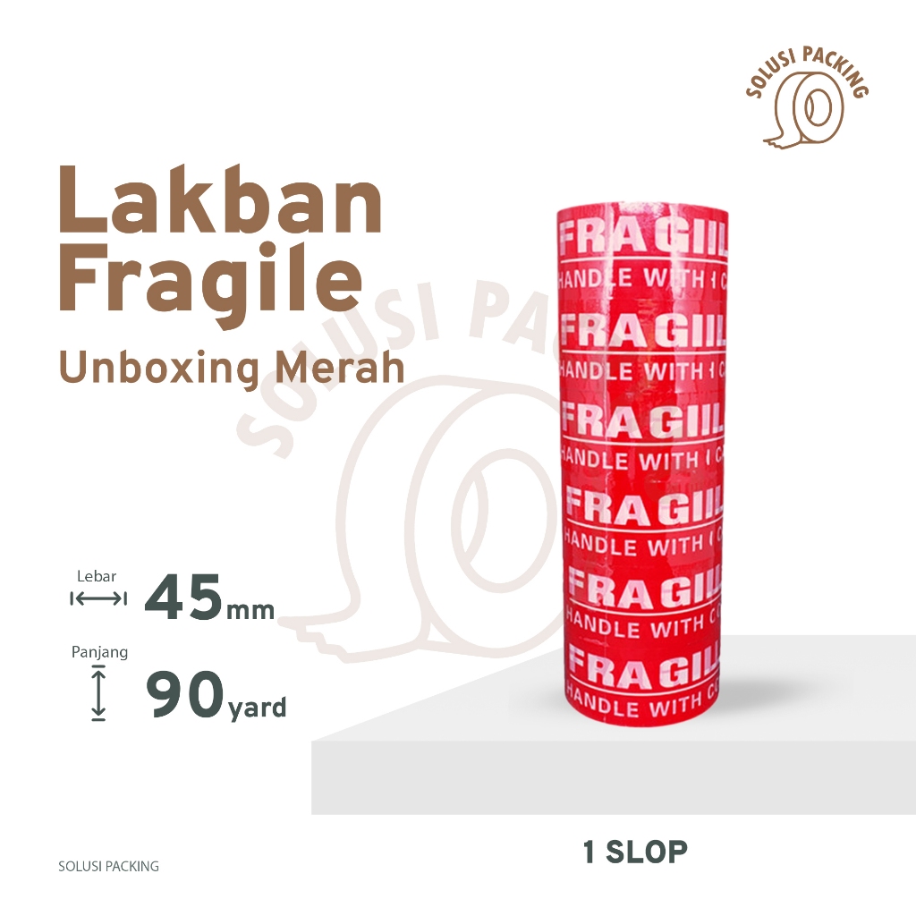 

Lakban FRAGILE Merah Packing OPP Tape Lakban Isolasi FRAGILE 1 Slop 6 Roll 45mm 80 Yard 48micron SOLUSI PACKING