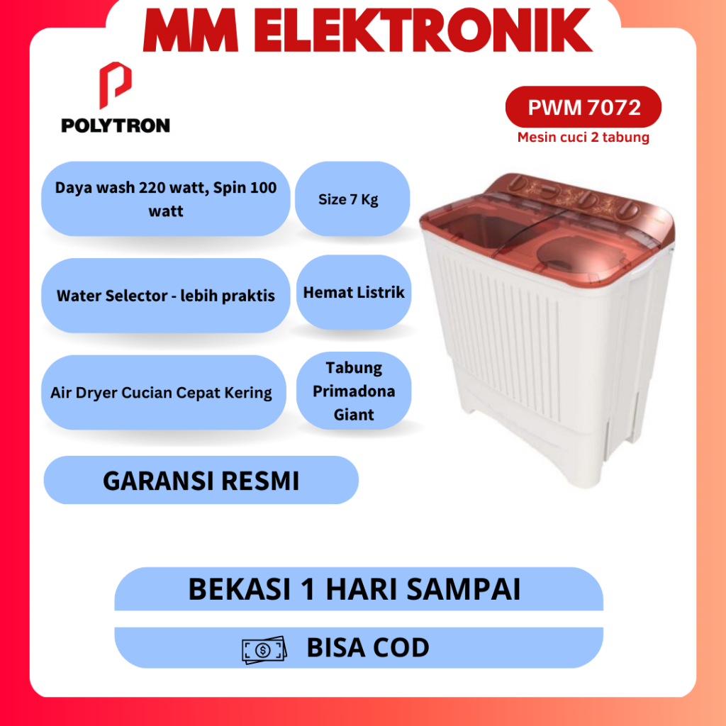 POLYTRON MESIN CUCI 2 TABUNG PWM-7072N / PWM 7072 N / PWM7072 7KG