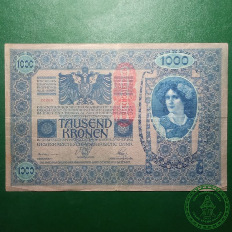 Uang Kuno 1000 Kronen Austria 1902 (Uang ini sudah tidak berlaku, hanya untuk koleksi)