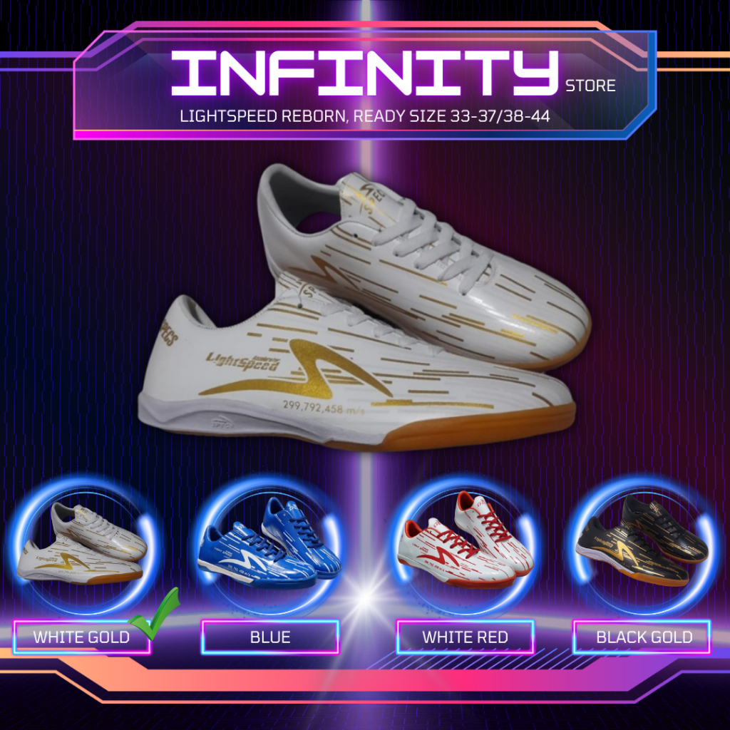 promo sepatu futsal terlaris specs lightspeed reborn putih gold