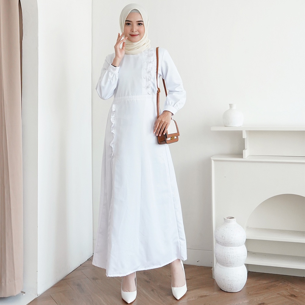 Sekido - Adeva Gamis Lebaran Polos Dress Panjang Warna Putih Bahan Rayon Jacquard Big Size