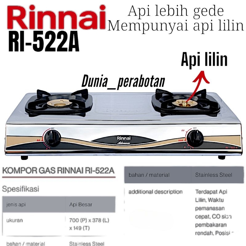 RI-522A | Kompor Rinai tipe 522A / kompor Rinai tornado/ kompor Rinai stainless/ kompor Rinai 2tungk