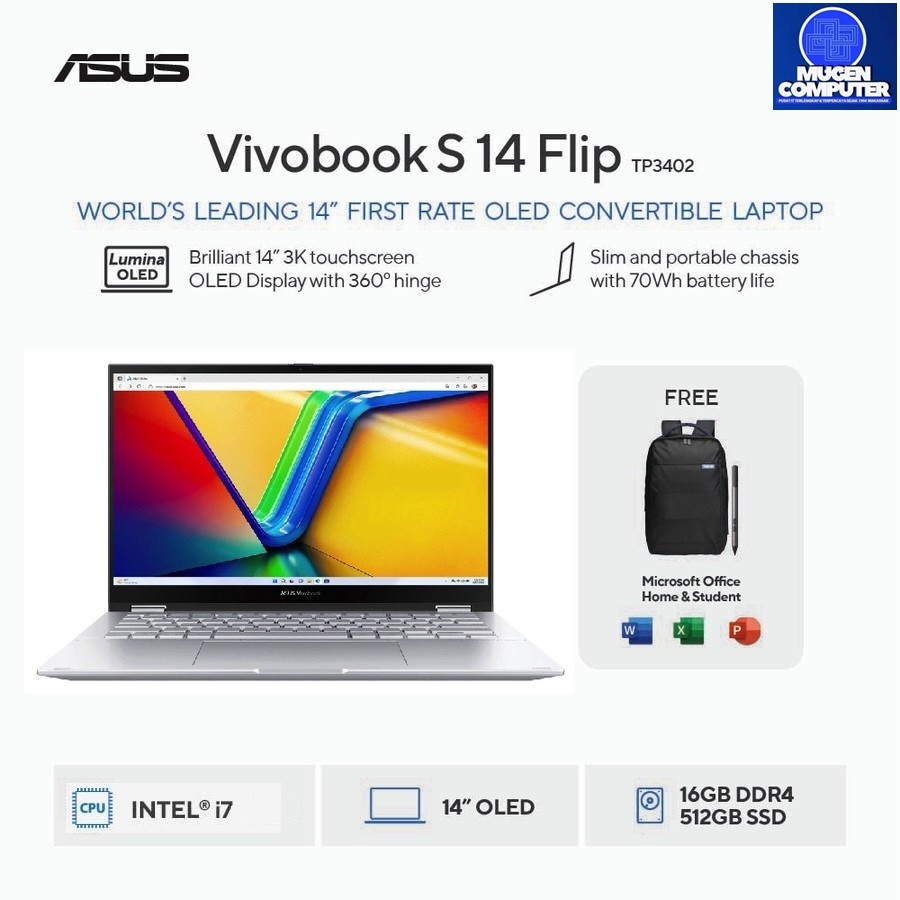 ASUS Vivobook S 14 Flip OLED TP3402VA-OLEDS752 intel core i7-13700H ram 16GB ssd 512GB 14 OLED  Touc