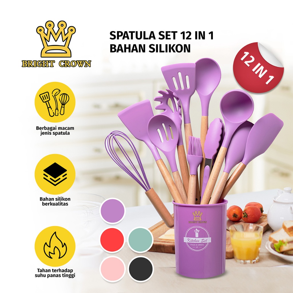 Bright Crown Spatula Silicone Set Tahan Panas 11Pcs Pegangan Kayu + Wadah Sutil Set Peralatan Masak