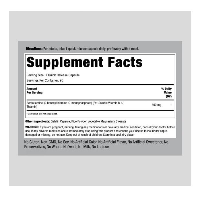 Pipingrock Benfotiamine 300mg 90 Capsules Fat Soluble Vitamin B1 RB7