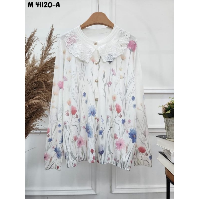 kardigan rajut kancing motif bunga Korea