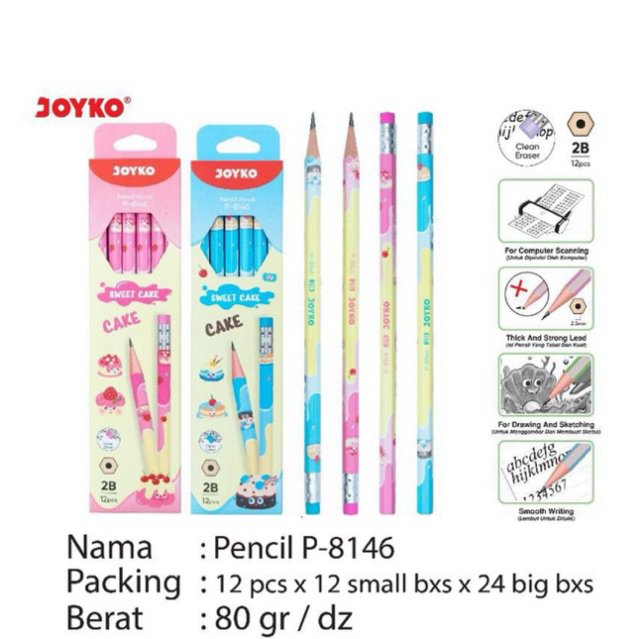 

( 12 batang ) P8146 Joyko Pencil Pinsil Pensil Sweet Cake 2B / Sketsa motif Warna Warni Sweet Cake P-8146 dengan Ujung Penghapus