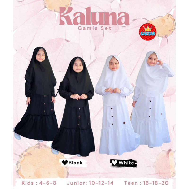 Kaluna Gamis Set | Gamis polos anak | size 4-14 | hijab syari anak | katun madinah | hitam putih