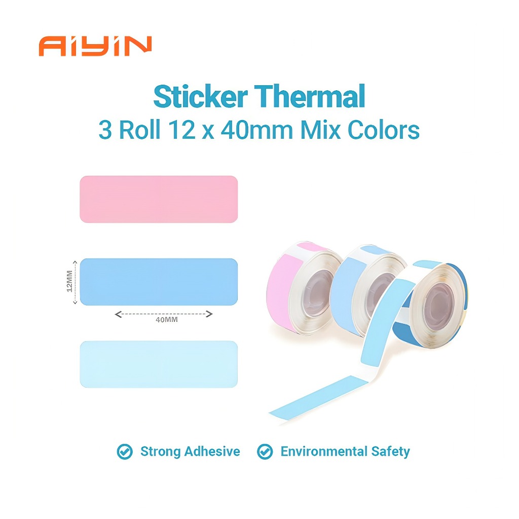 

AiYinO Sticker Thermal Paper 12mm X 40mm 3/8" X 1 1/2" Black On Pink, Blue, Light Blue Self-Adhsive Tape