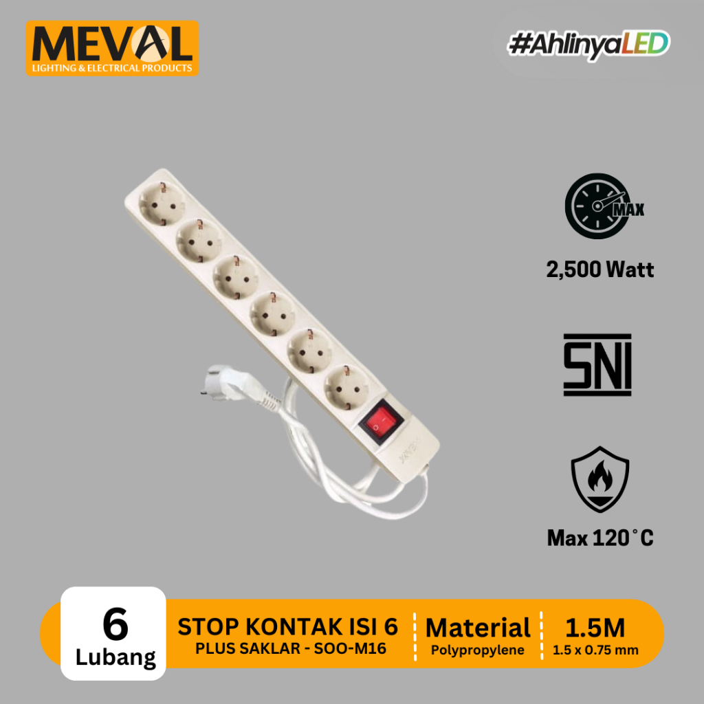 Meval Stop Kontak Isi 6 Slot + Saklar - Kabel 1.5m