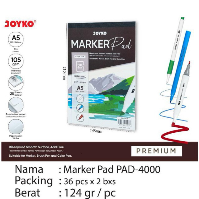 

1 pack Joyko Marker Pad A5 Premium PAD-4000 / Buku Gambar Premium Gampang Disobek 210 x 145 mm isi 25 Lembar