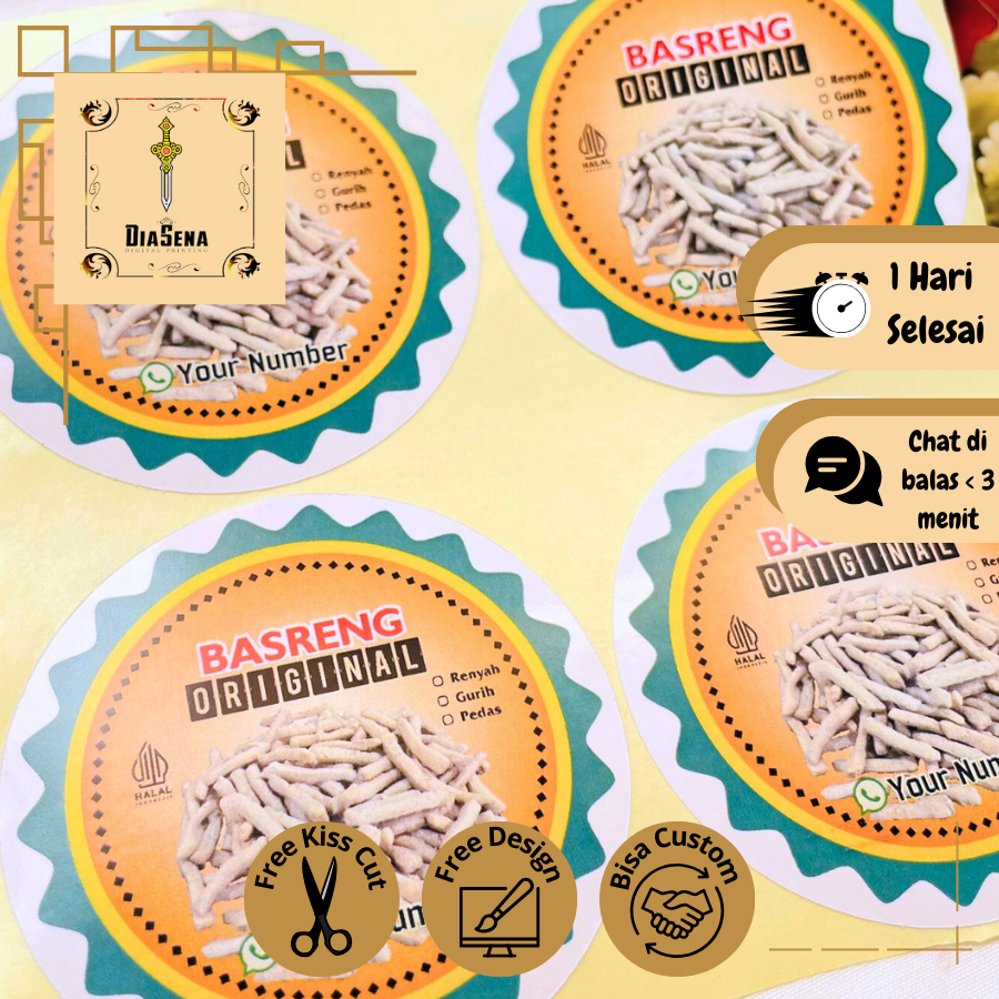 

2-4 Diasena Sticker Print Basreng Label Stiker Cemilan Pedas Bulat Chromo Free Desain Custom Nama