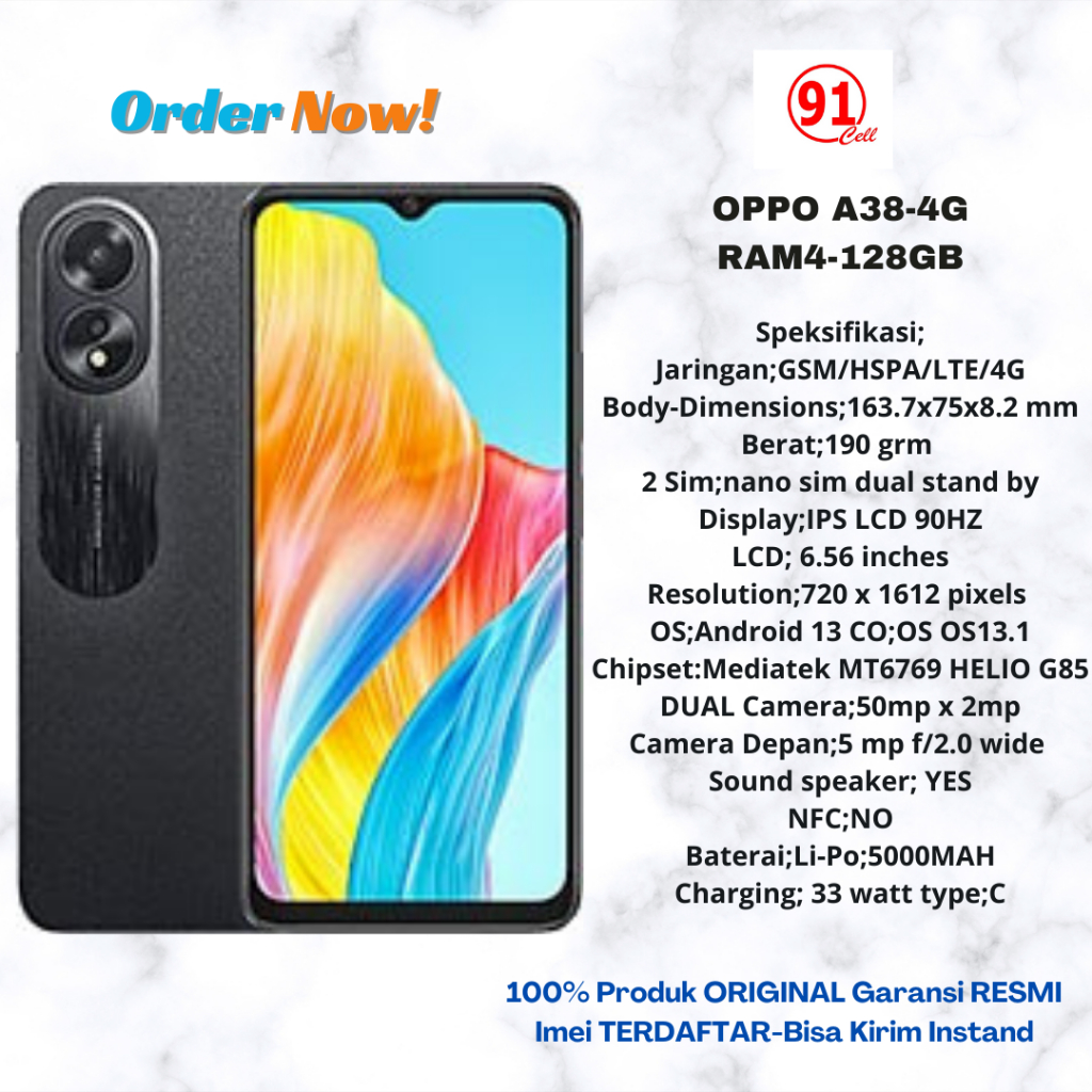 Oppo A38/A3x-4G (Ram6/128GB)/(Ram4/128gb)/(Ram4/64gb) Original Garansi Resmi