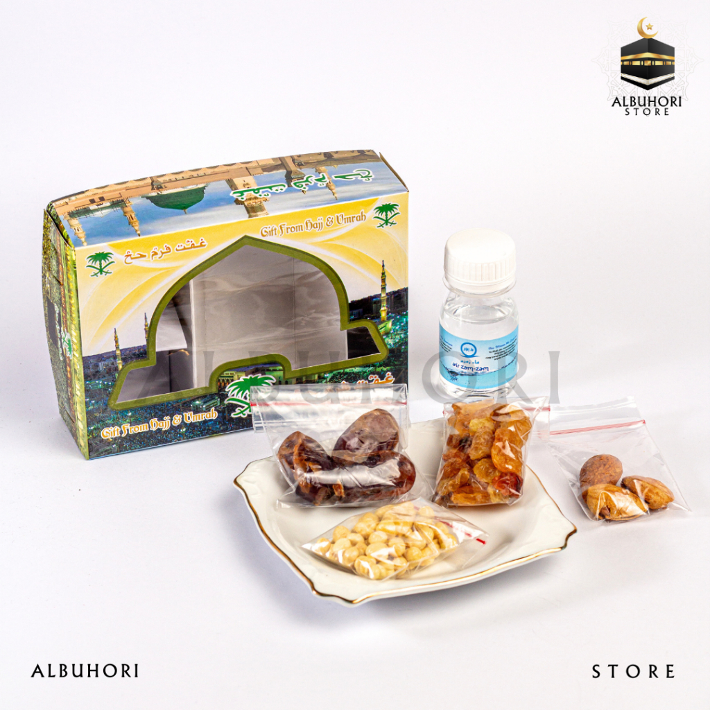 

Souvenir Oleh Oleh Haji dan Umroh dus Ka'bah Air Zamzam Original Kurma Kacang Almond