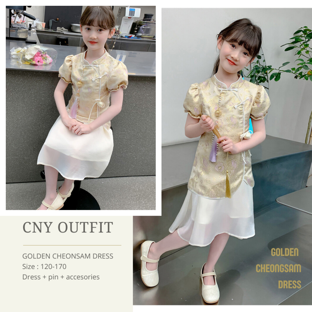 Dress pesta anak perempuan Dress CNY Cheongsam Qipai anak warna gold