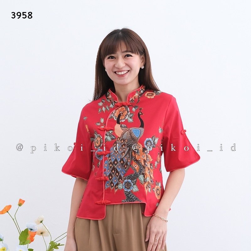 Atasan Cheongsam Batik Merah CNY / Baju Congsam Qipao Sincia Katun Stretch Top batik modern 3958