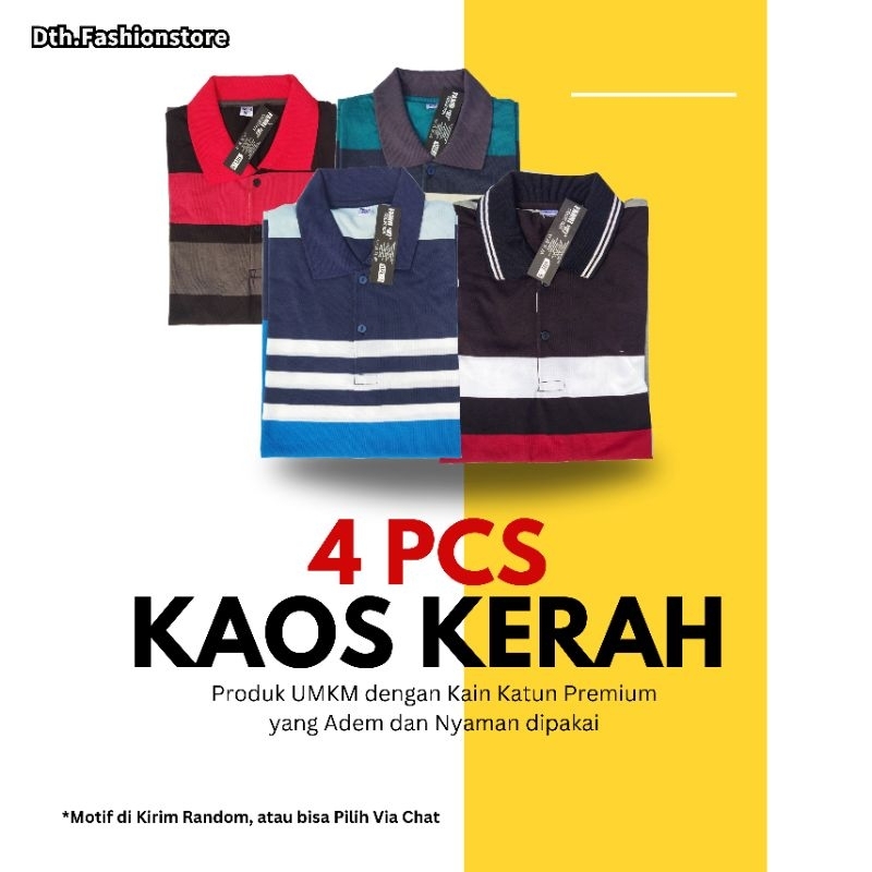 4 Pcs Kaos Kerah Salur Pria Dewasa Baju Bapak-bapak Berkerah