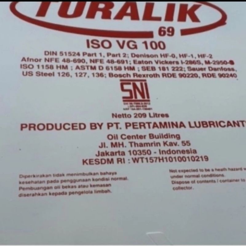 Oli Hidrolik Pertamina Drum Turalik 69  ISO VG 100 Pelumas isi 209 liter