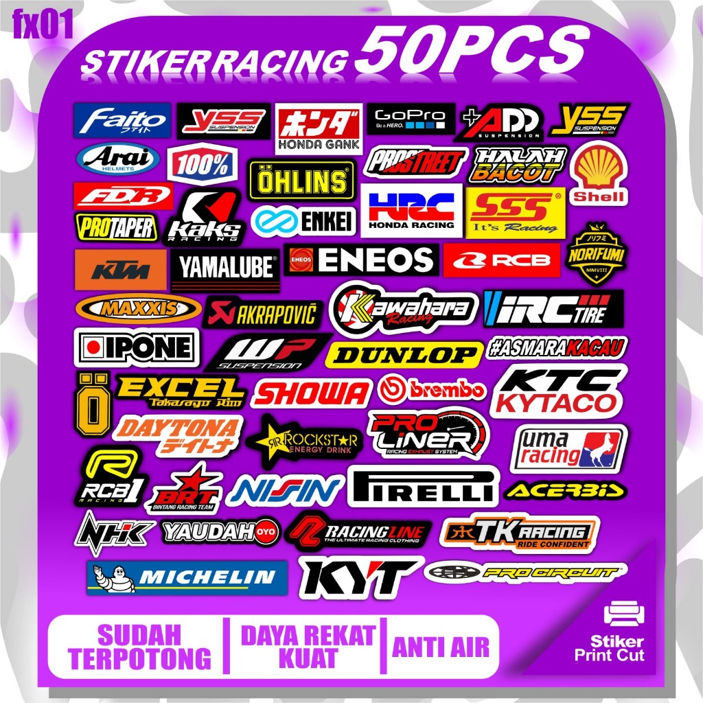 

[ FX 01 ] stiker pack stiker racing 50pcs pt 3 stiker bengkel sponsor tinggal tempel helm motor mobil sepeda dll
