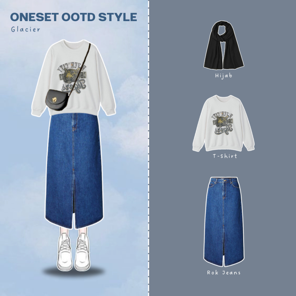 Glacier / Outfit Set / Rok Jeans / Kaos T-Shirt / Hijab Pashmina / OOTD Korea Style /Oneset Kekinian