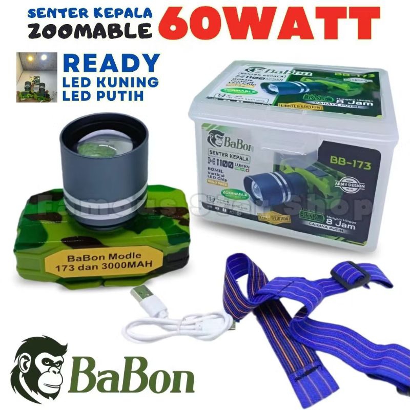 Senter Kepala BABON BB-173 Lensa ZOOM Loreng Terbaru Tahan 24 Jam Daya 60 Watt Baterai 3000mAh Tahan