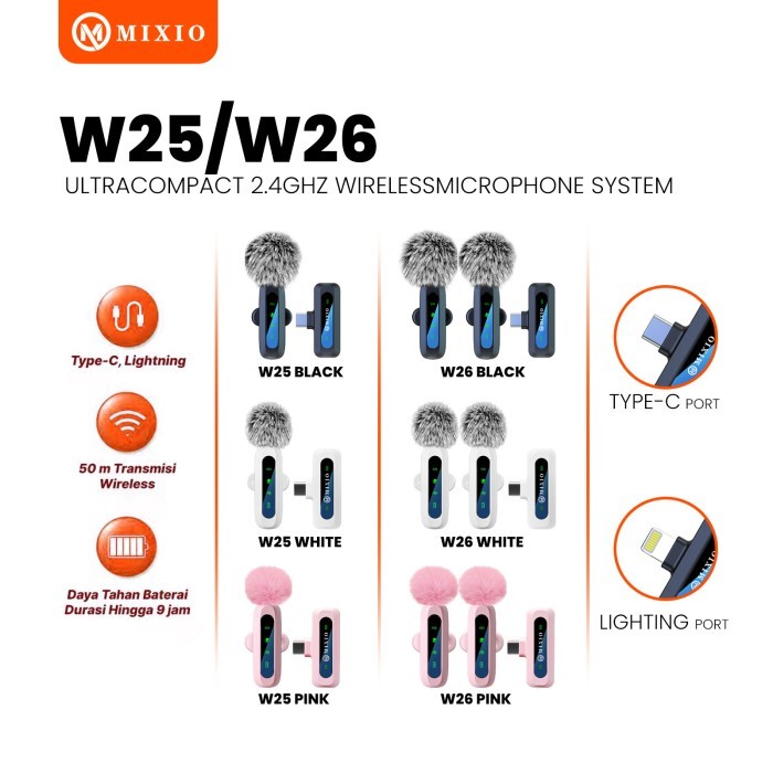 MIXIO W25 W26 Wireless Microphone Mic Wireless Clip on Microphone Mikrofon Lavalier HP Plug & Play