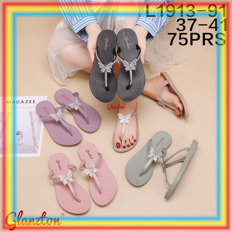 L1913-91 Sandal Wanita Jepit Mutiara Kupu-Kupu Glanzton Sendal Cewek Jelly Tali Gliter Glanzton