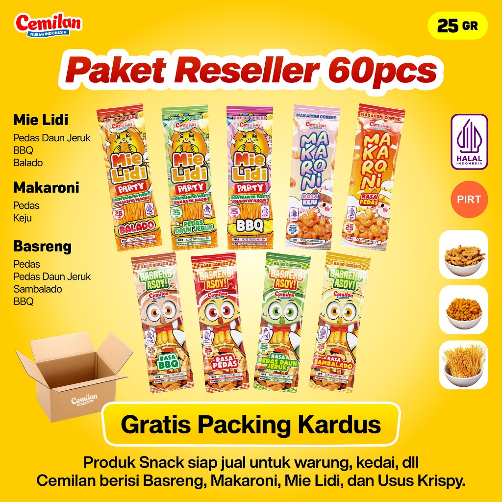 

Paket Usaha 60pcs Reseller Snack Cemilan Murah Indonesia - Makaroni Basreng Mie Lidi - Food Halal Renyah Gurih Asin Goreng Pedas