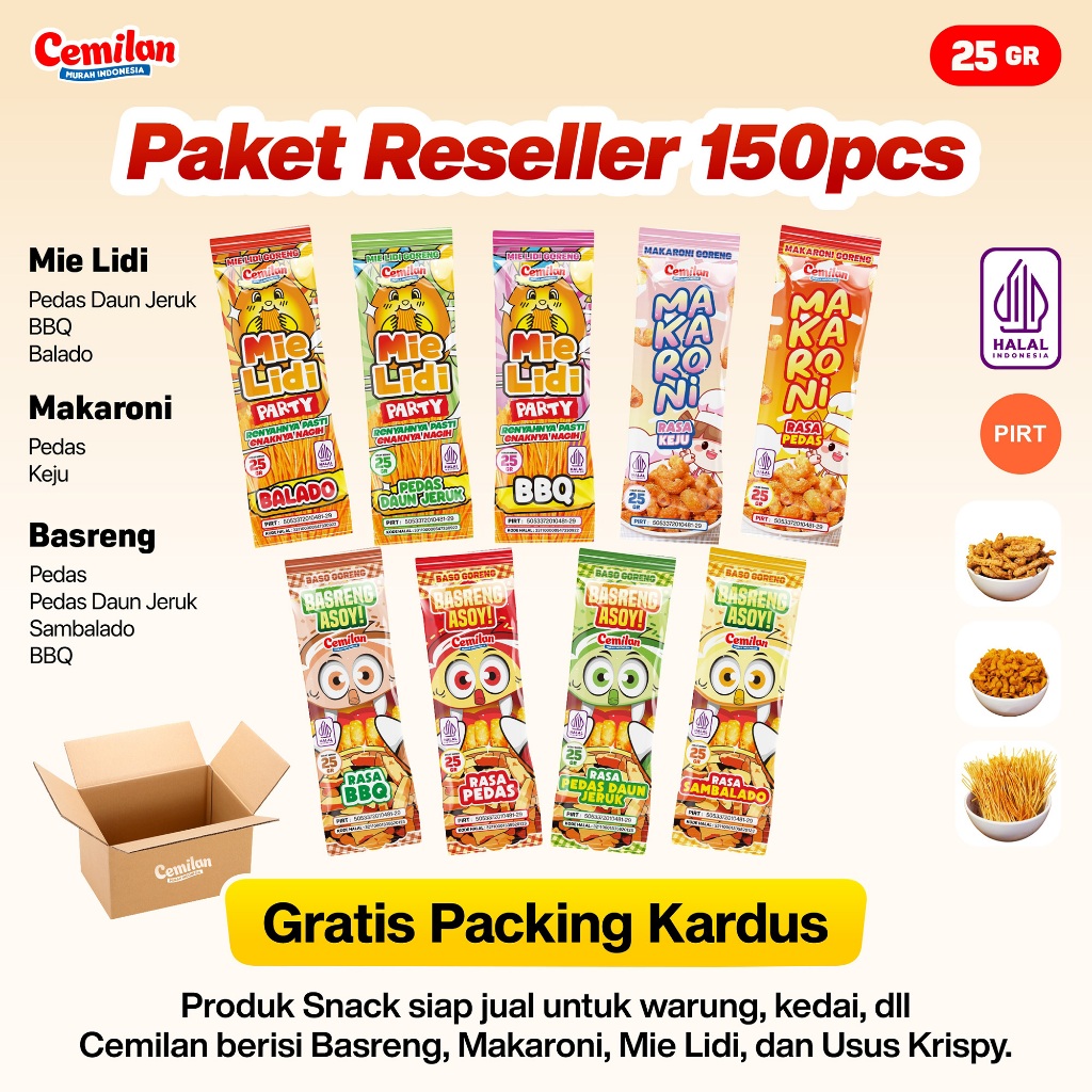 

Paket Usaha 150pcs Reseller Snack Cemilan Murah Indonesia - Makaroni Basreng Mie Lidi - Food Halal Renyah Gurih Asin Goreng Pedas