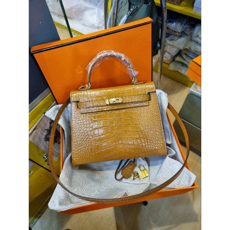 H Kly Croco Medium Genuine Leather Tas Wanita Top Handle Selempang Slingbag Crocodile Embossed Kulit