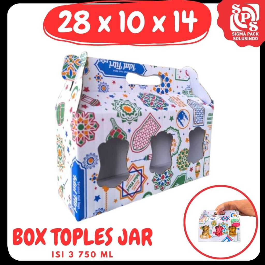 

Box 28x10x14 Jinjing (KUKER TOPLES JAR 750 Isi 3) Kardus Idul Fitri Lebaran Hampers/Ied Mubarak/Box Boneka/Hampers Kue Kering