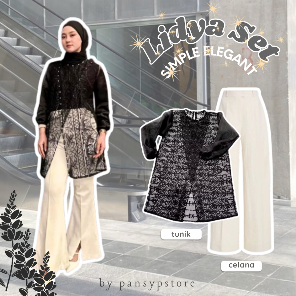 Lidya Set Simple Elegant Outer Tunik Brukat Celana Kulot Kondangan Lebaran Premium One Set Viral