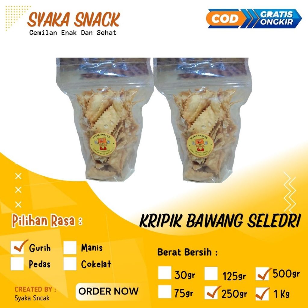 

Cemilan Keripik Bawang - Keripik Pangsit-Keripik Seledri Kemasan Besar