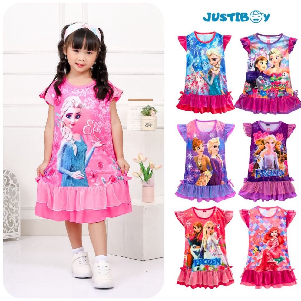 LANGSUNG KIRIM Dress Anak Perempuan Frozen Lengan Ruffle  Daster Anak Cewe Elsa Anna Umur 2  7 Tahun