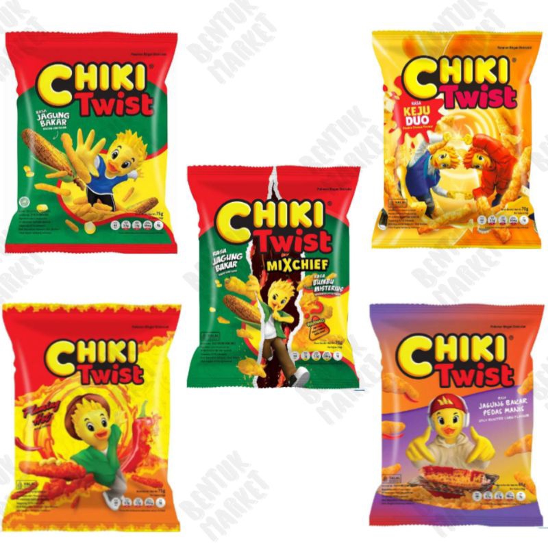 

Chiki Twist Keju Duo 70gr / Jagung Bakar 75gr / Flaming Hot 75gr / Jagung Bakar Pedas 65gr / Mix Chief 70gr / Cemilan Instan